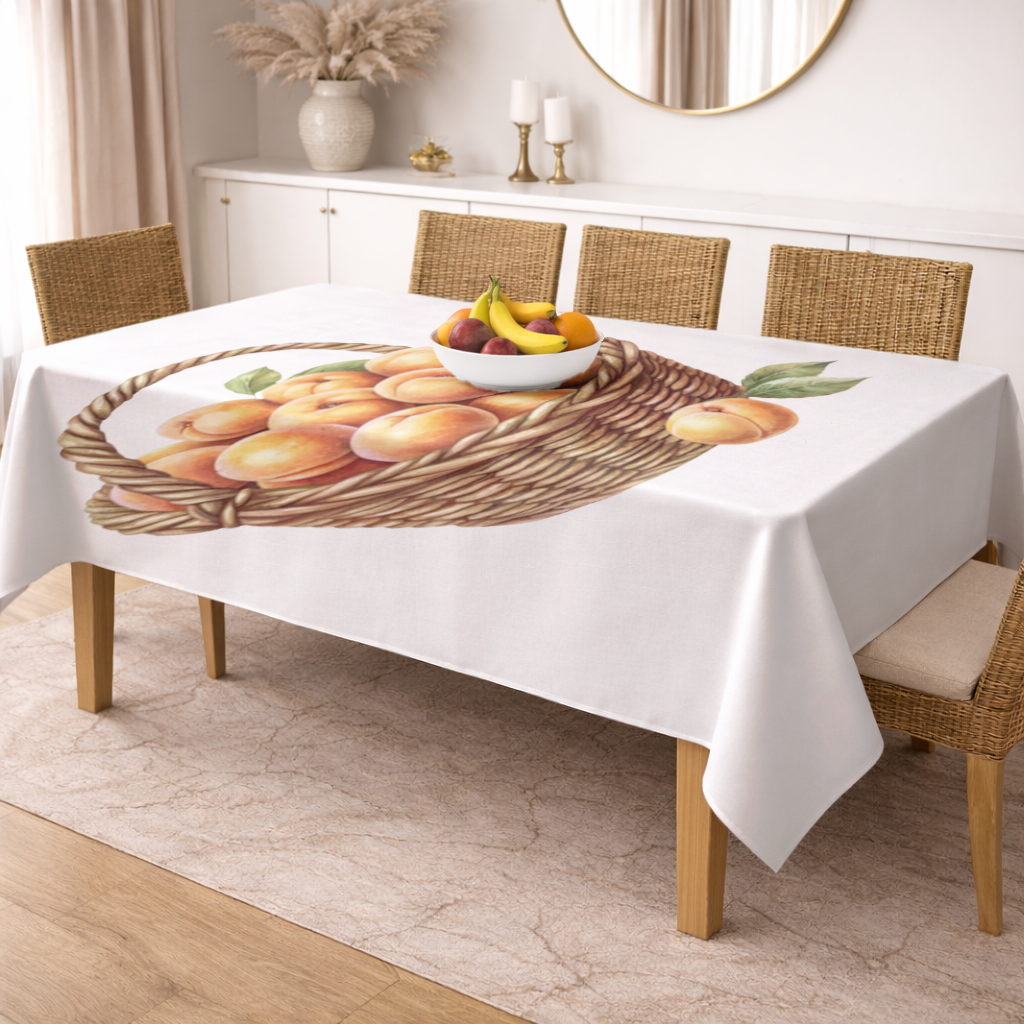 Fresh Peaches in Wicker Basket Rectangular Tablecloth