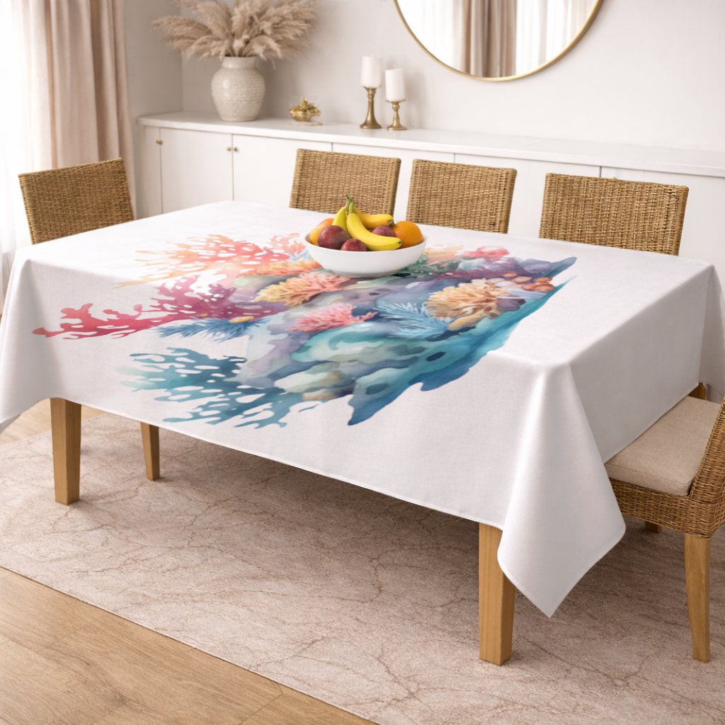 Vibrant Watercolor Coral Reef Scene Rectangular Tablecloth