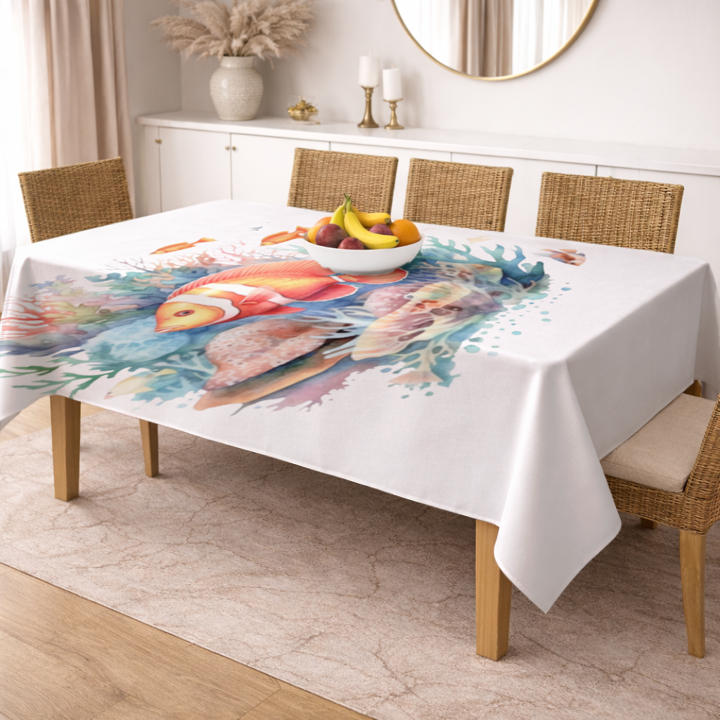Watercolor Clownfish and Tropical Coral Reef Rectangular Tablecloth