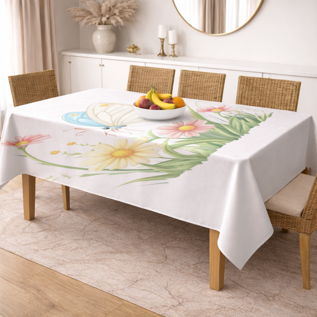 Pastel Kelebek ve Kır Çiçekleri Bahçesi Masa Örtüsü