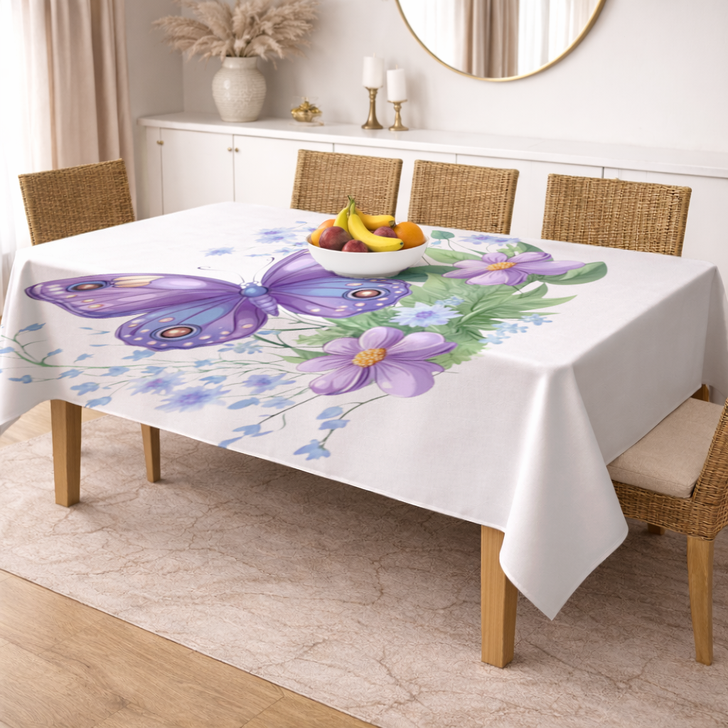 Mor Kelebek ve Mavi Kır Çiçekleri Masa Örtüsü