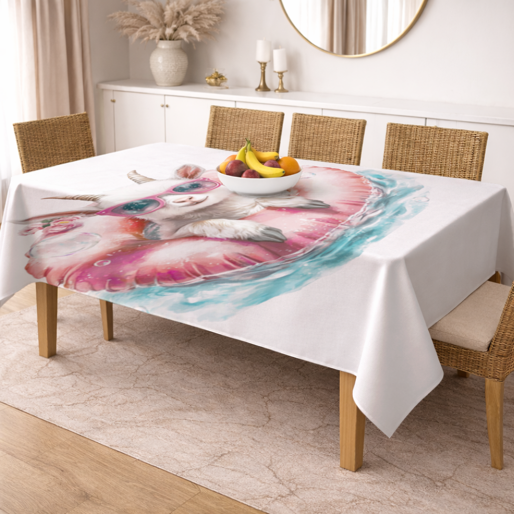 Pembe Gözlüklü Havuzda Yavru Keçi Masa Örtüsü