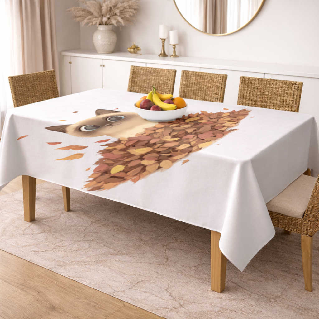 Siamese Cat in Autumn Leaf Pile Rectangular Tablecloth