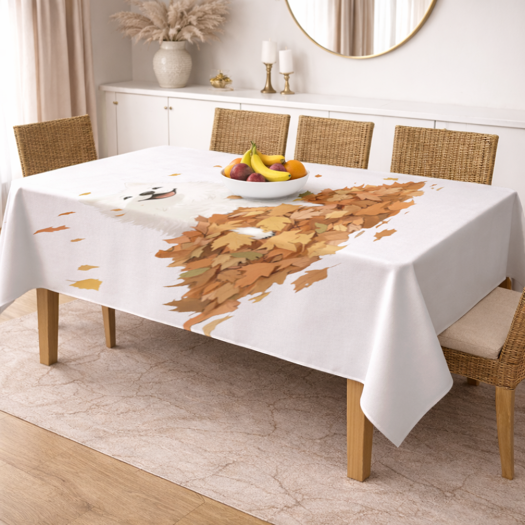 Happy White Dog in Autumn Leaves 