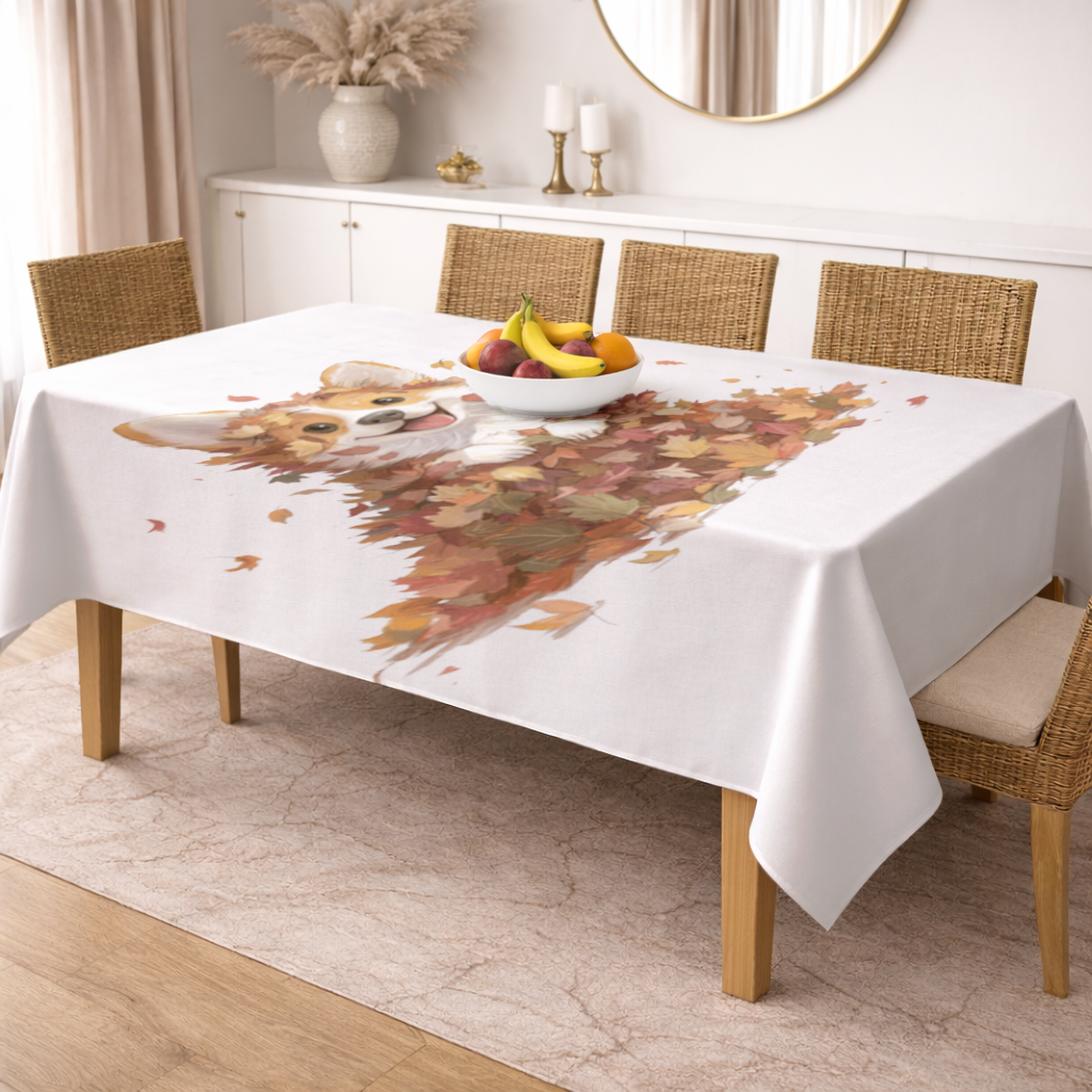Happy Corgi Puppy in Fall Leaves Rectangular Tablecloth