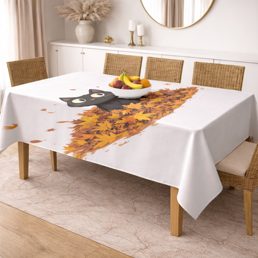 Sonbahar Yapraklarında Sevimli Siyah Kedi Masa Örtüsü