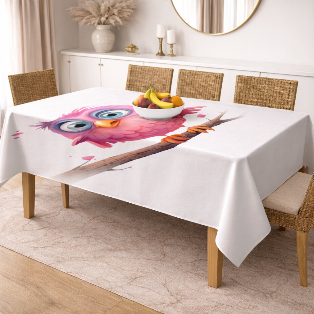 Kocaman Gözlü Sevimli Pembe Kuş Masa Örtüsü