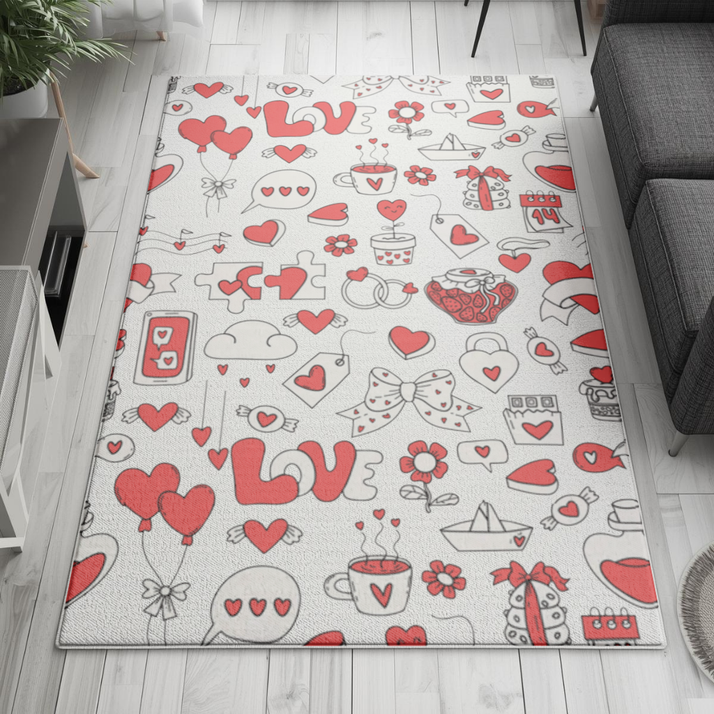 Valentines Day Doodle Love Heart Pattern Cute Design Living room carpet