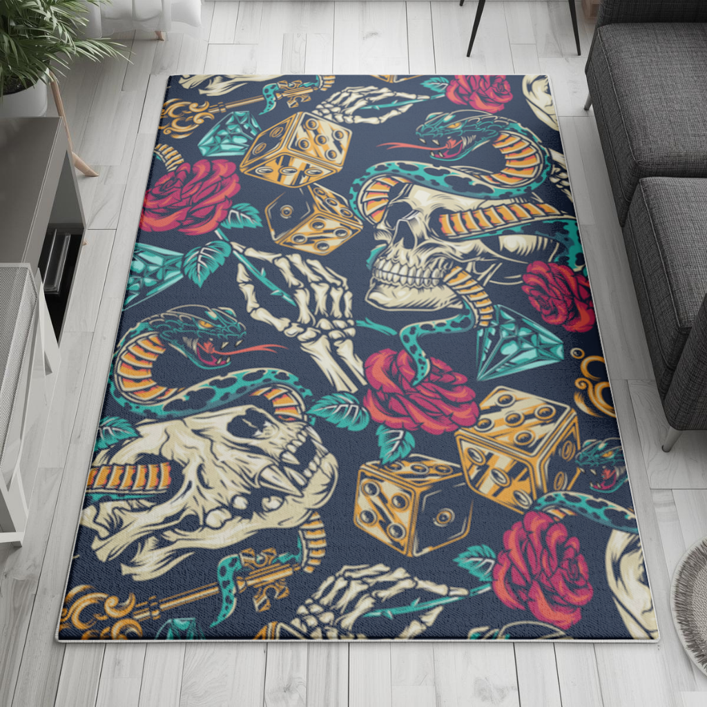 Skull Snake Dice and Roses Pattern Living room carpet