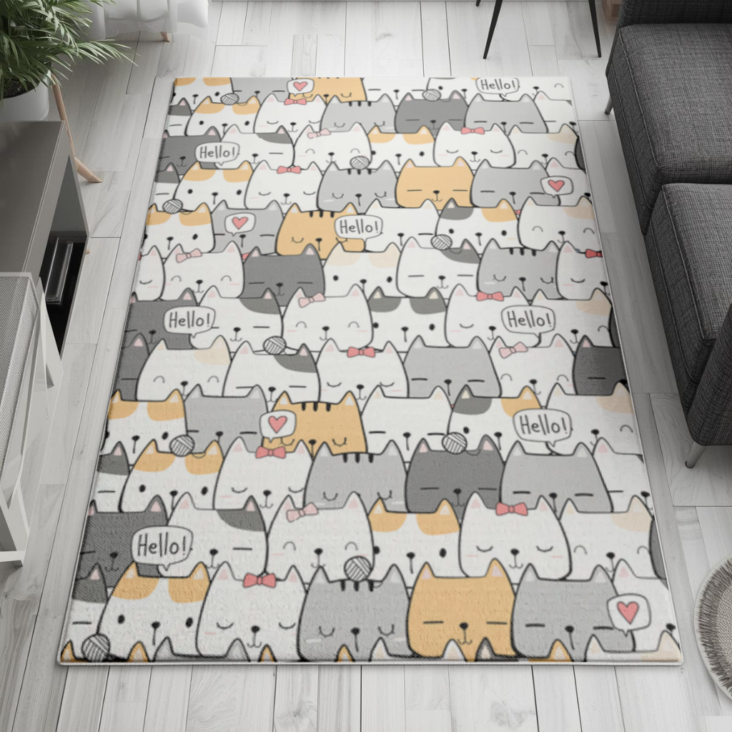 Konuşma Balonlu Sevimli Karikatür Kediler Deseni Salon Halısı