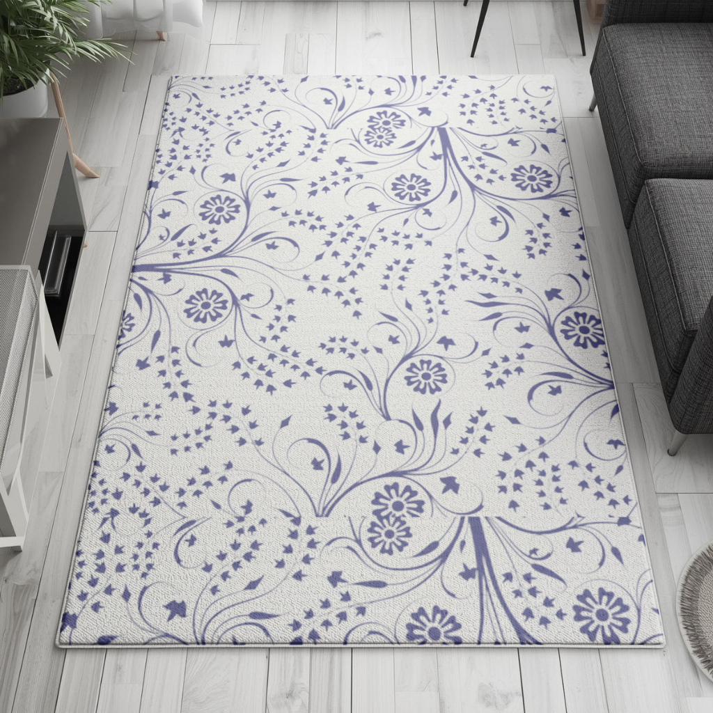 Blue White Vintage Floral Pattern Living room carpet