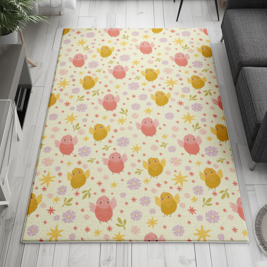 Cute Birds and Floral Pastel Spring Pattern Illustration Living room carpet