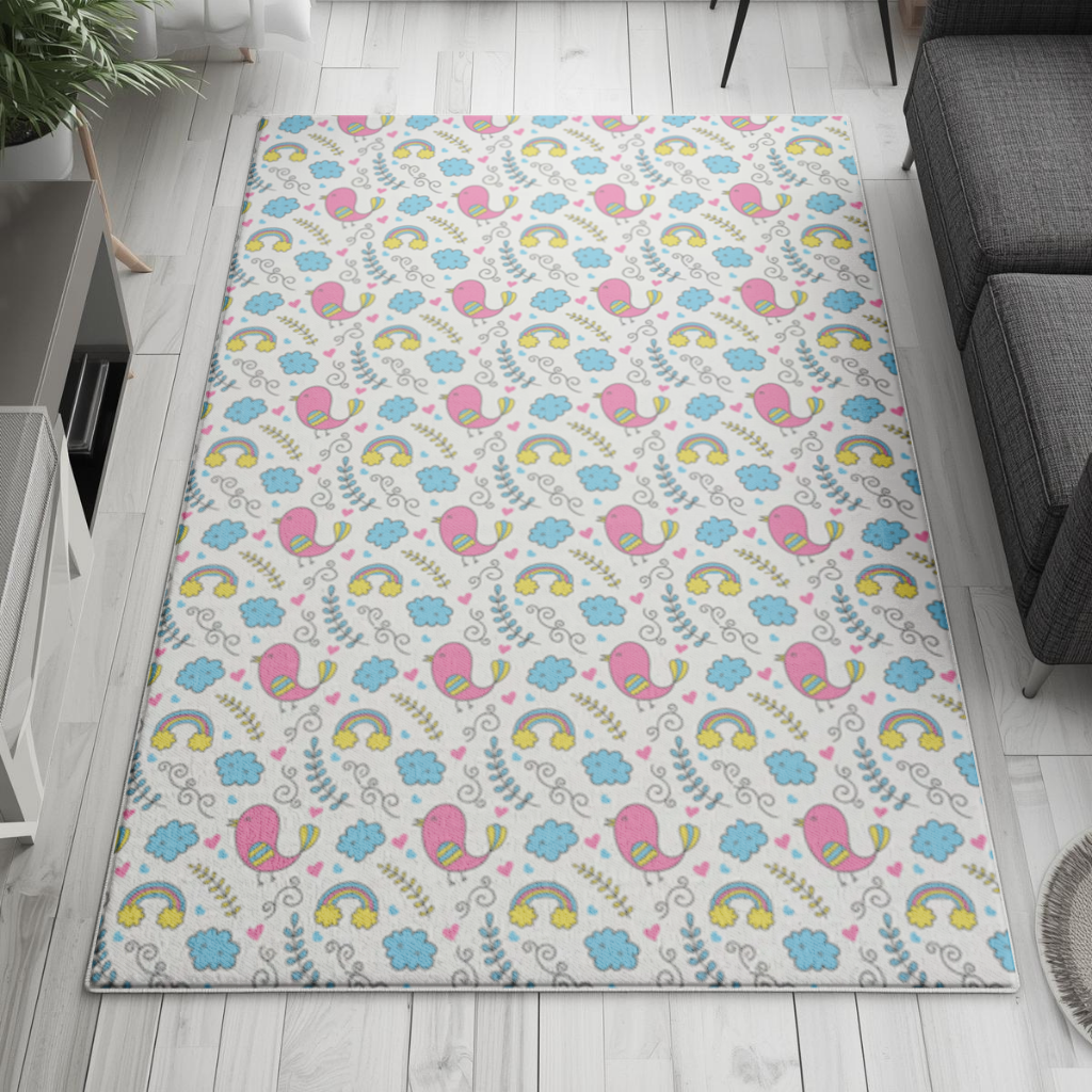 Cute Pink Bird and Rainbow Kids Pattern Living room carpet