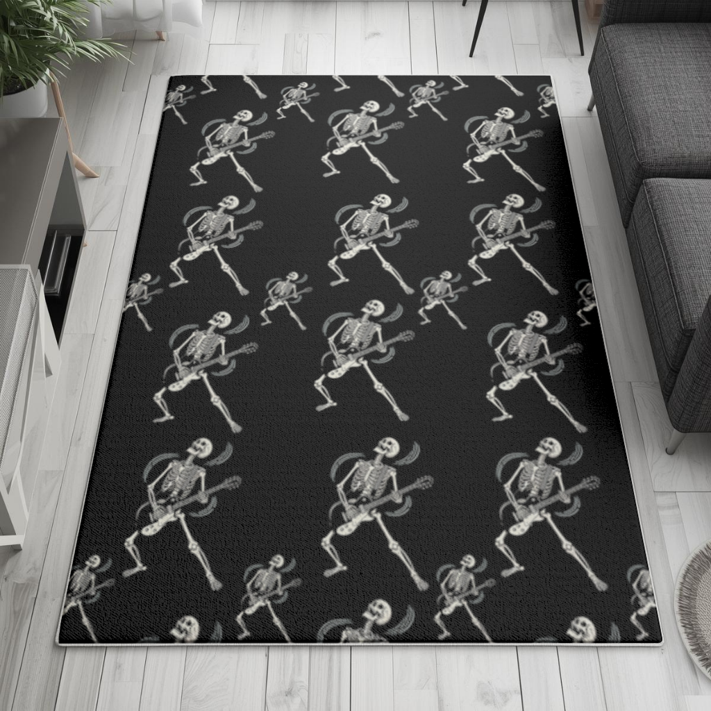 Rock Guitar Playing Skeleton Pattern on Black Living room carpet