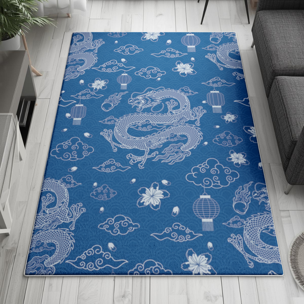 Traditional Dragon Pattern on Blue Background Living room carpet