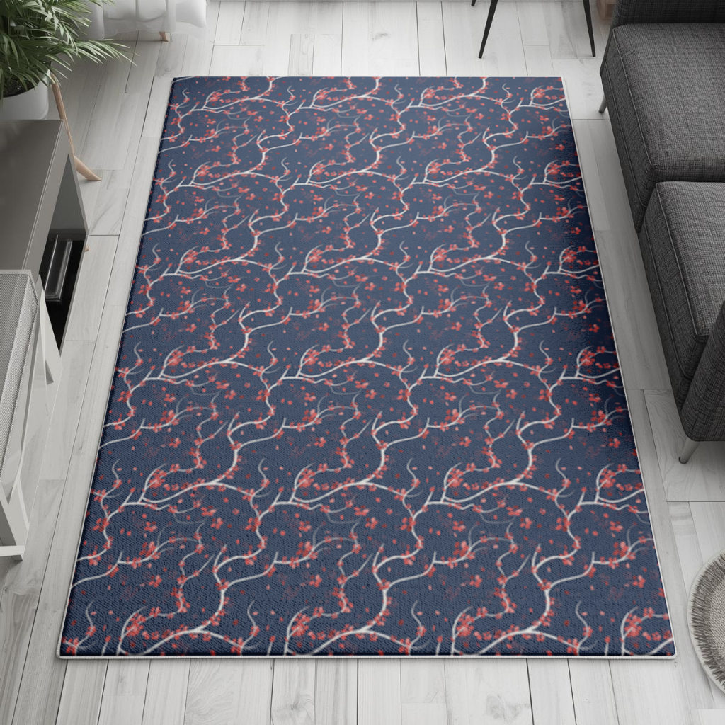 Red Floral Branch Pattern on Navy Background Living room carpet