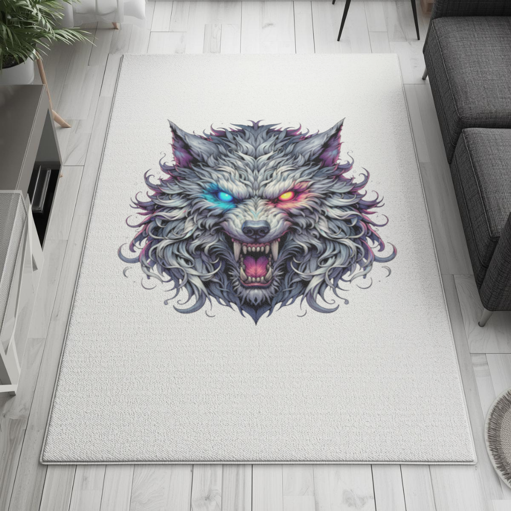 Fierce Wolf Head Illustration Heterochromia Eyes, Savage Wolf Living room carpet