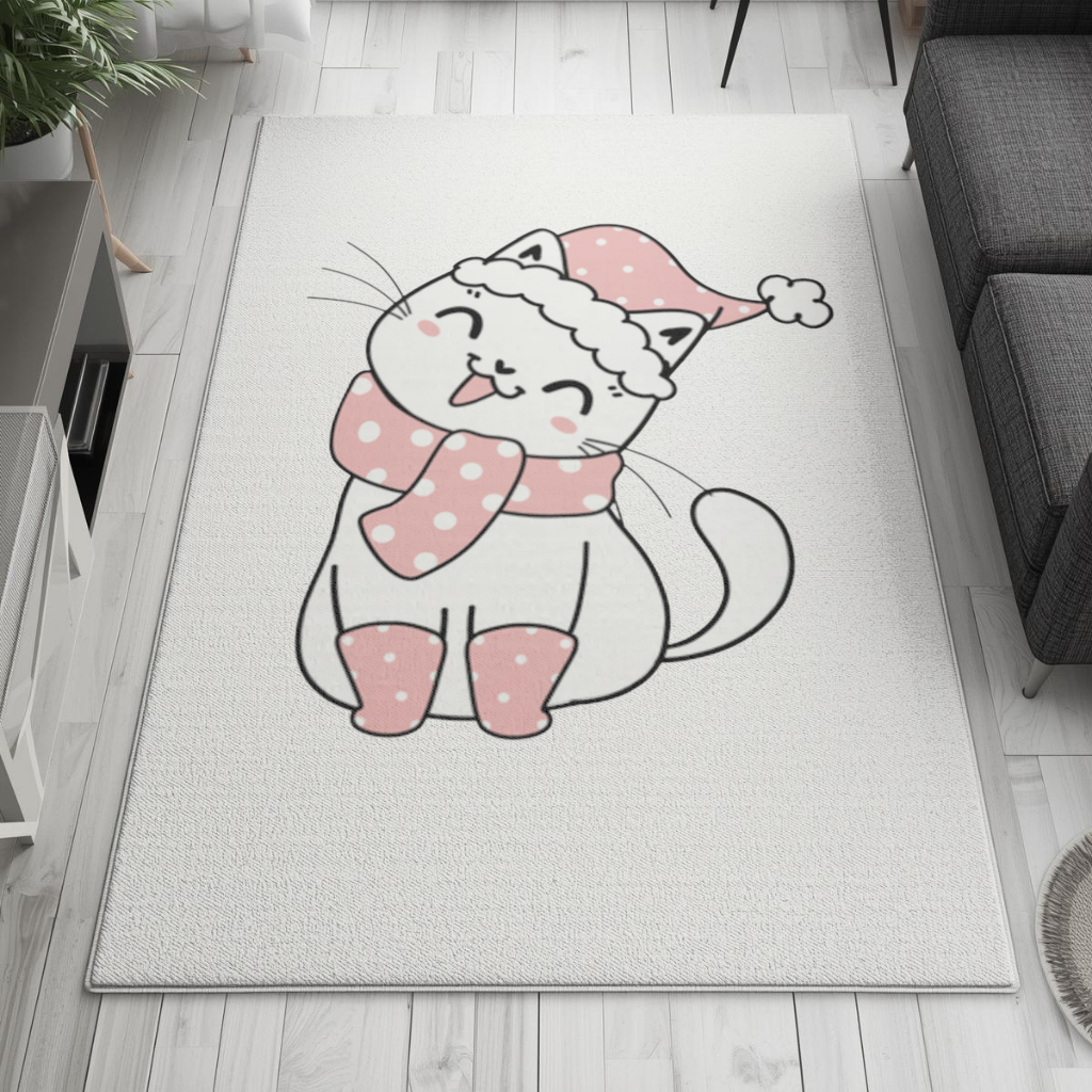 Cute Christmas Cat with Pink Polka Dot Outfit Living room carpet