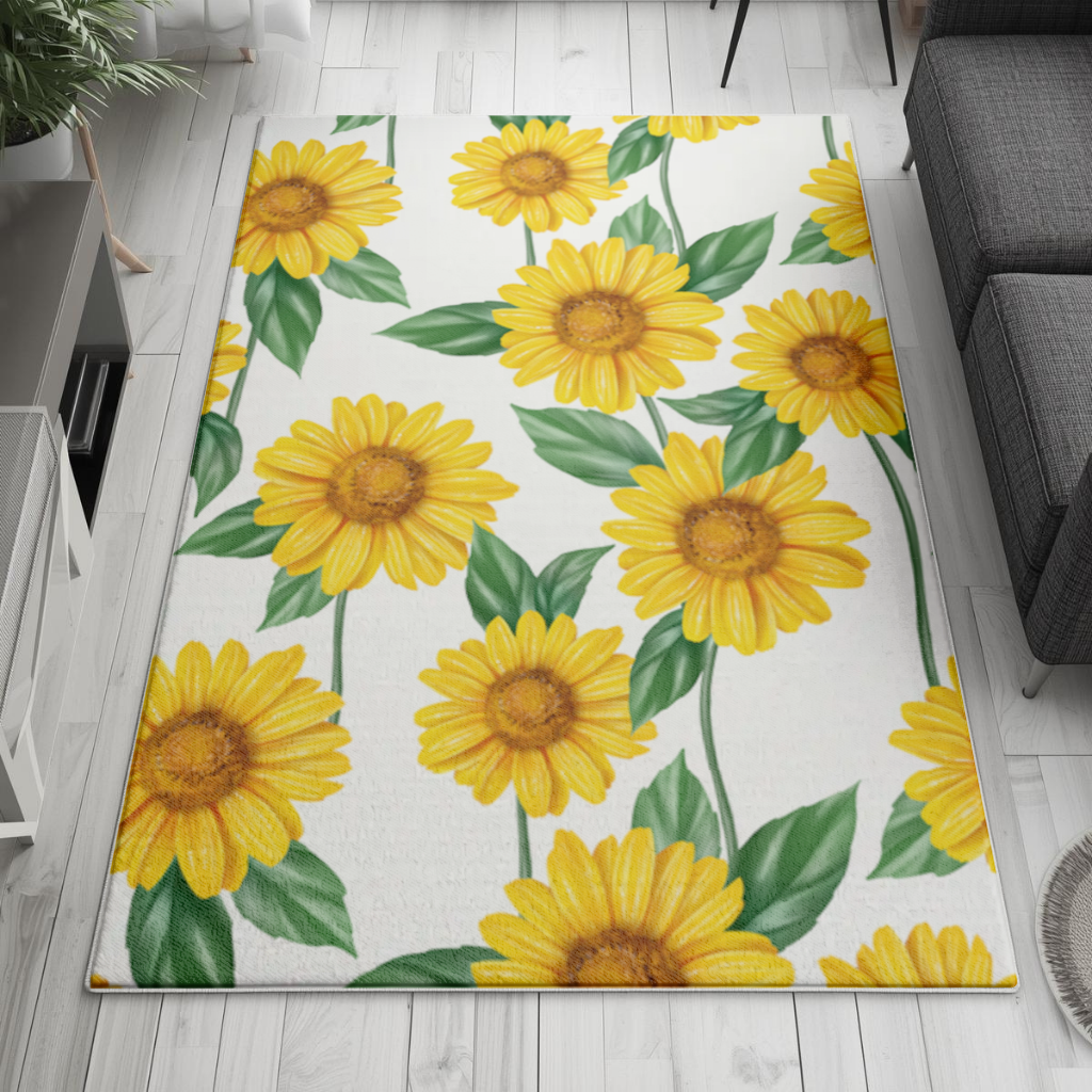 Vibrant Yellow Sunflower and Green Leaf Pattern Illustration Living room carpet