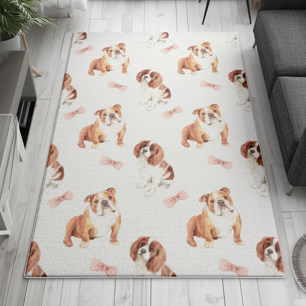 Watercolor English Bulldog and Cavalier Puppy Pattern Living room carpet