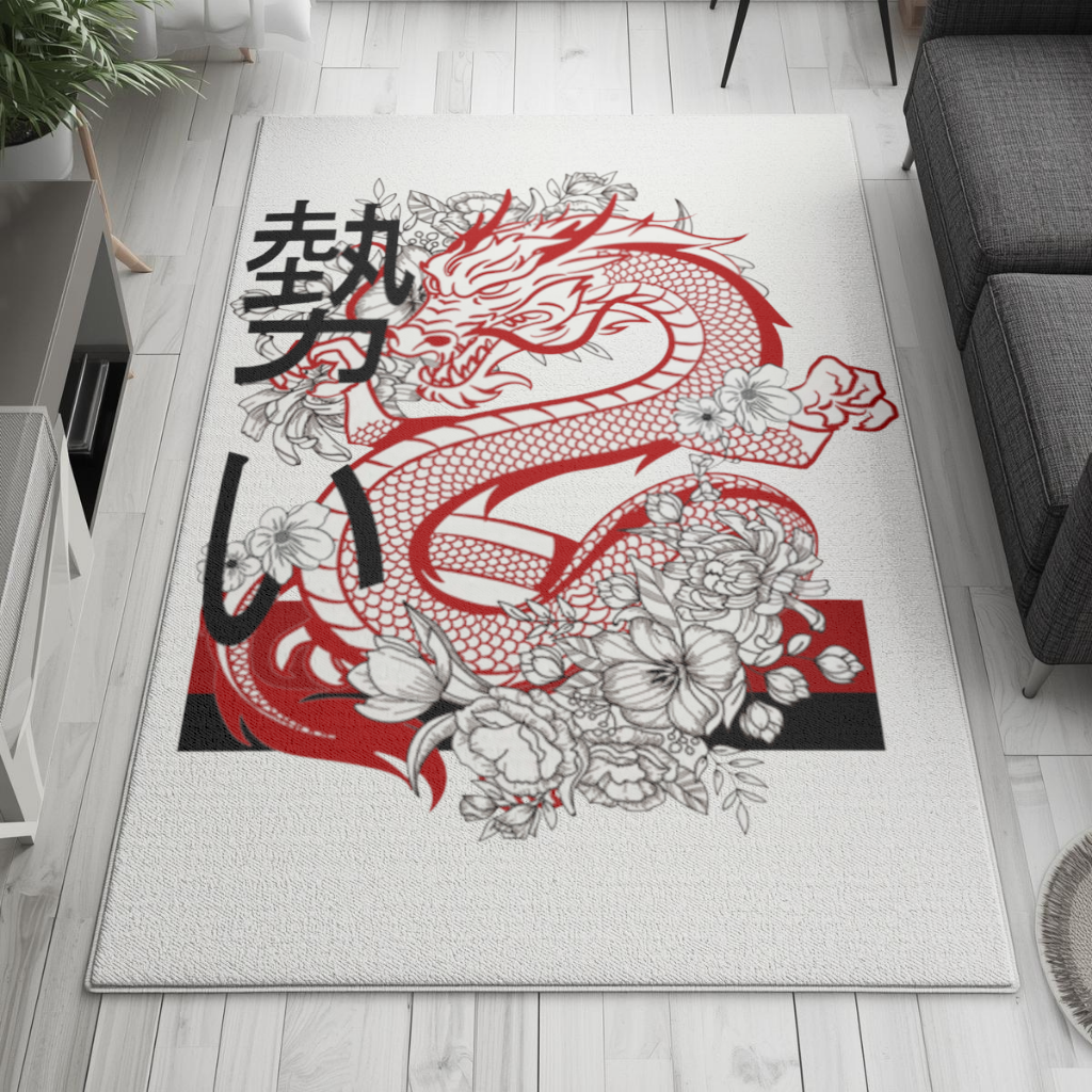 Japanese Dragon with Floral Design Living room carpet