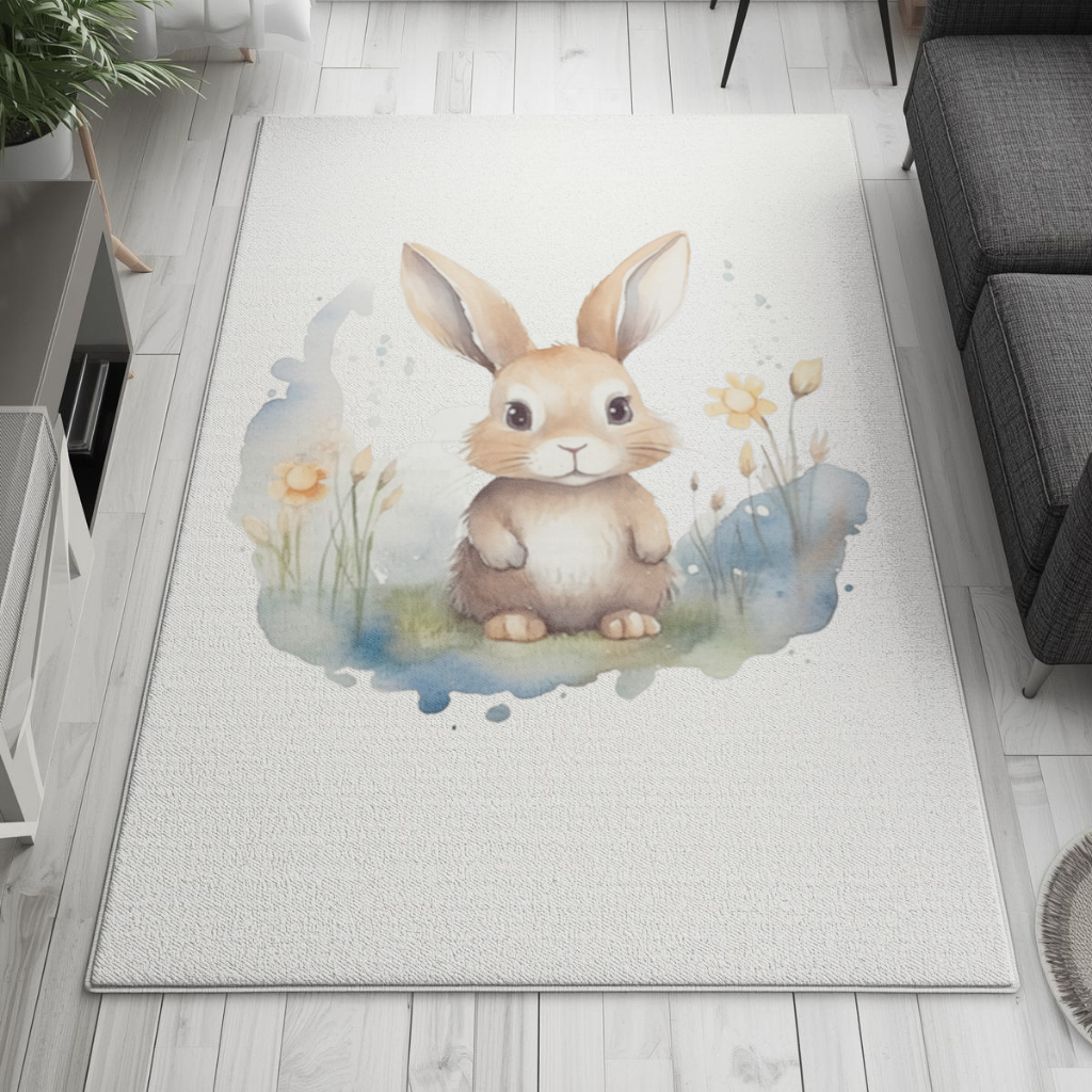 Sevimli Tavşan Suluboya İllüstrasyon Salon Halısı