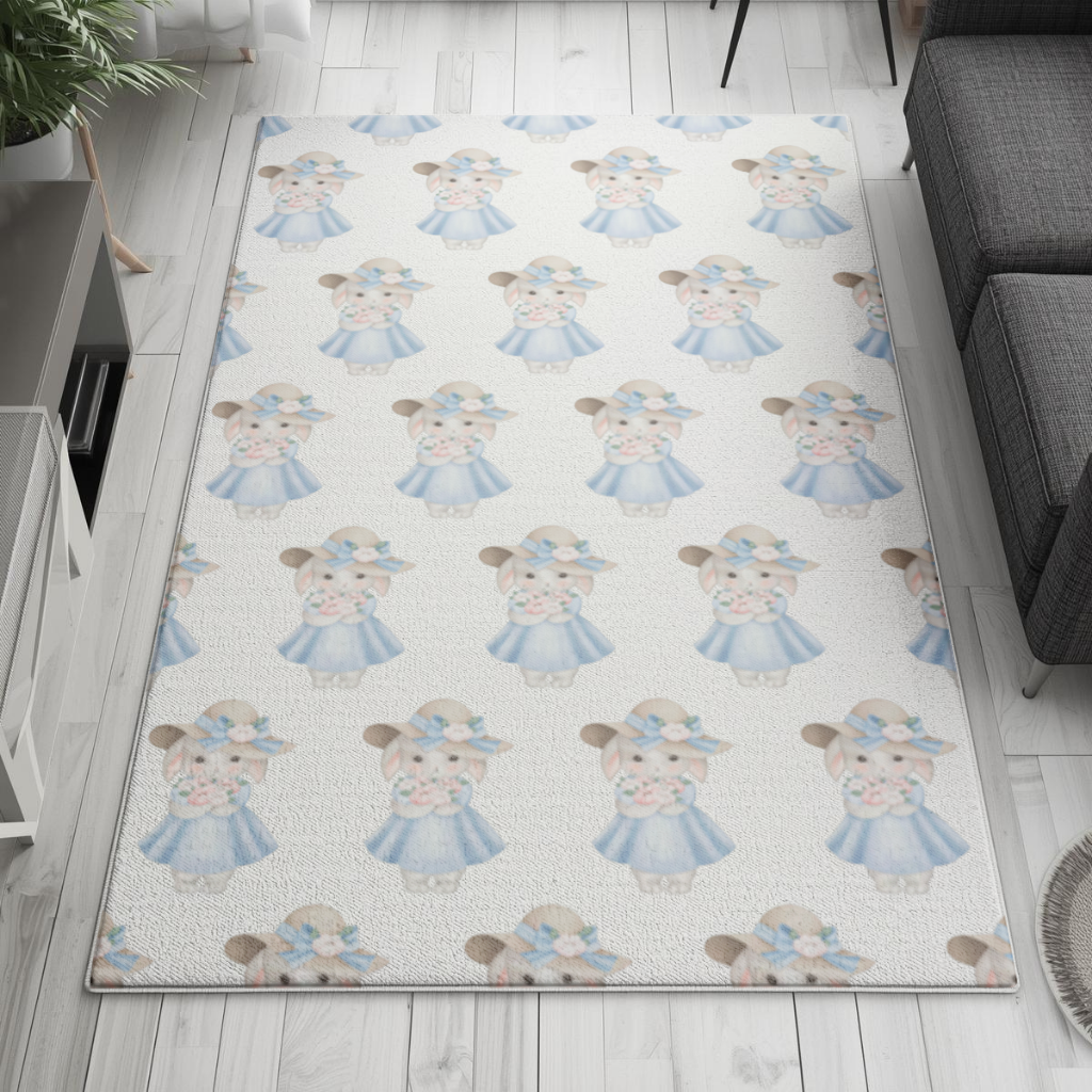 Cute Bunny with Hat Holding Flowers Living room carpet