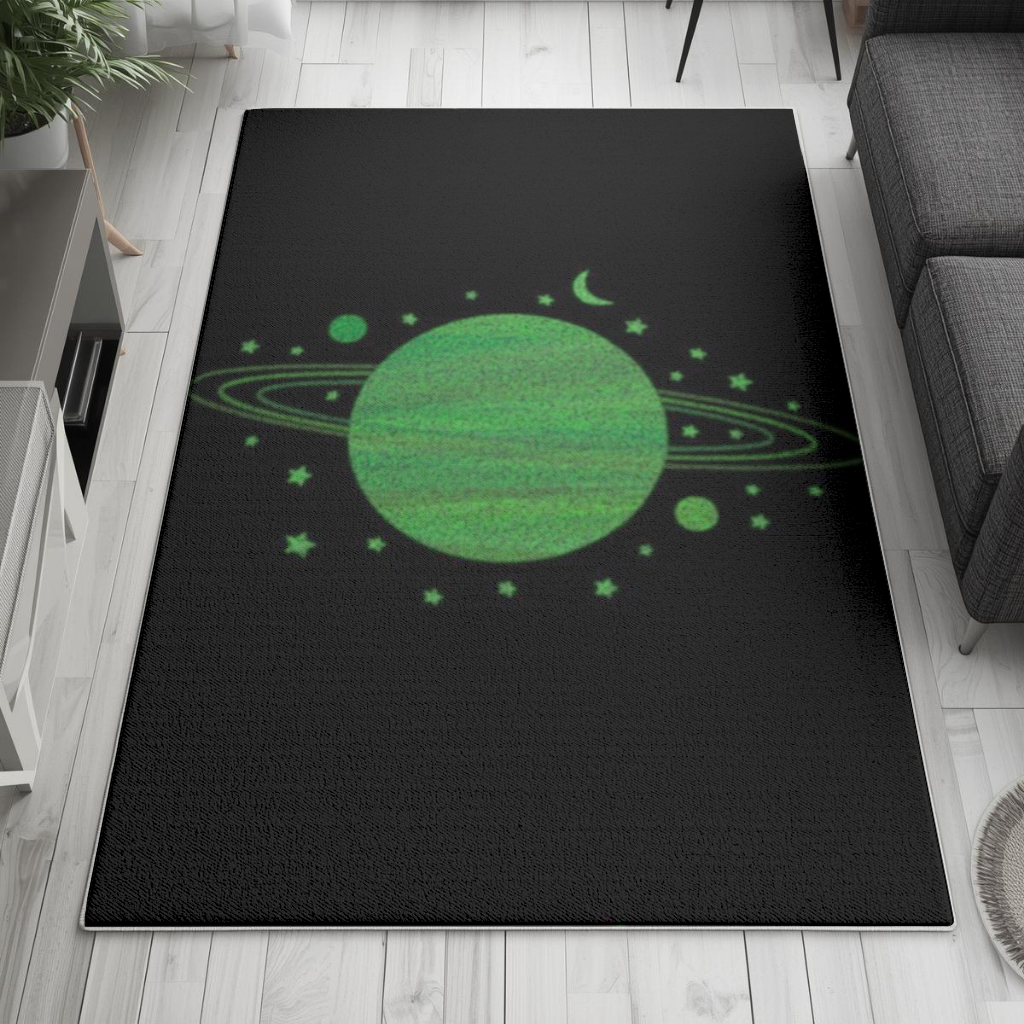 Green planets on a black background. Living room carpet