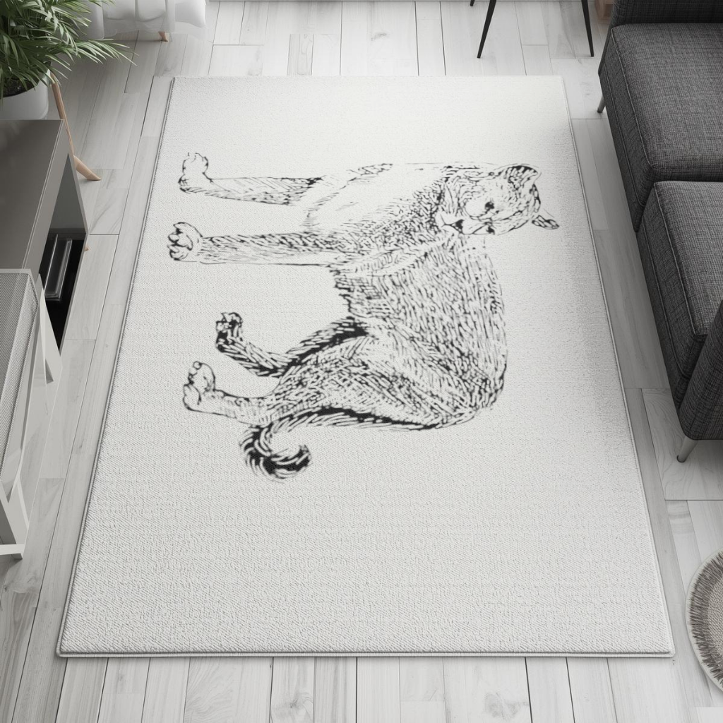 Black and White Wild Cat Sketch Illustration Living room carpet