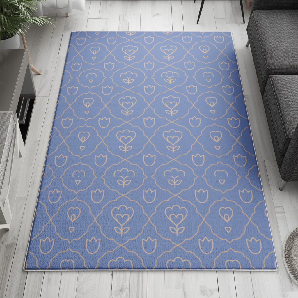 Orange Linear Floral Pattern on Blue Living room carpet