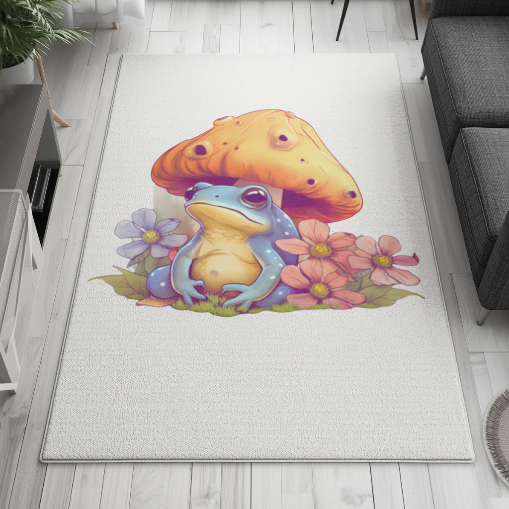 Blue Frog Resting Under Orange Mushroom Living room carpet