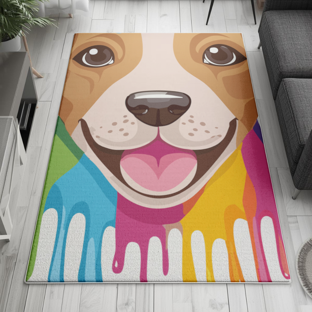 Happy Dog with Colorful Paint Drips Living room carpet