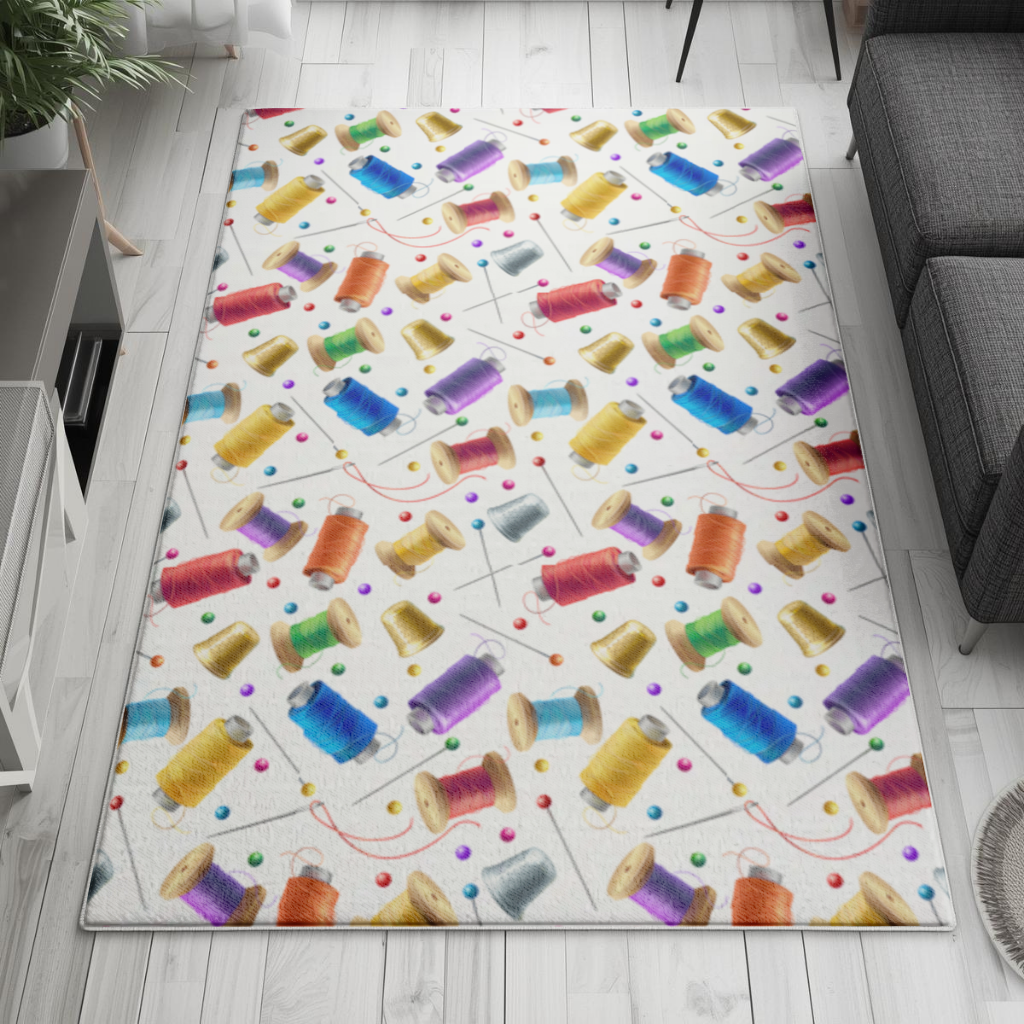 Colorful Thread Spools and Sewing Tools Pattern Living room carpet