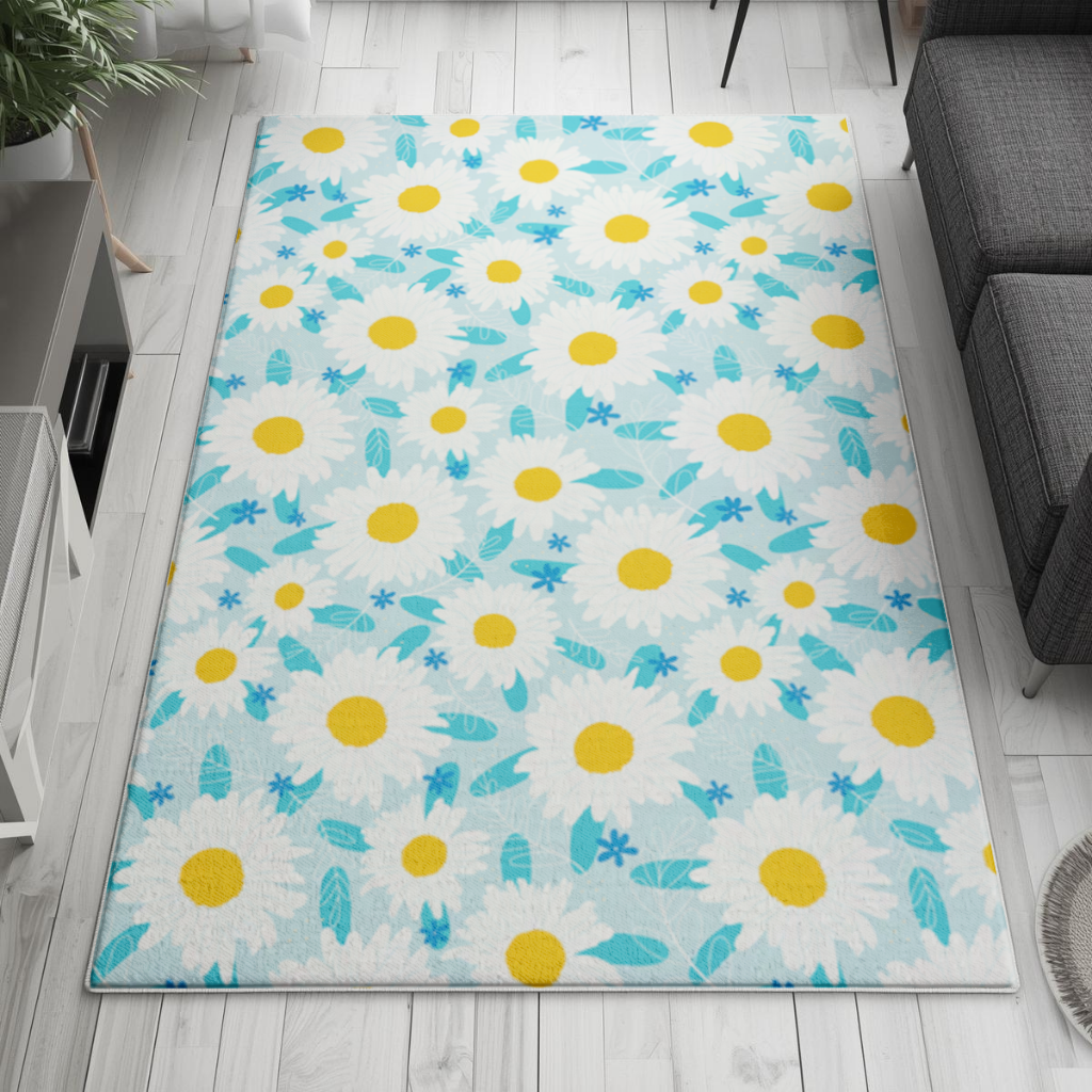 Daisy Garden and Turquoise Leaves Pattern Living room carpet