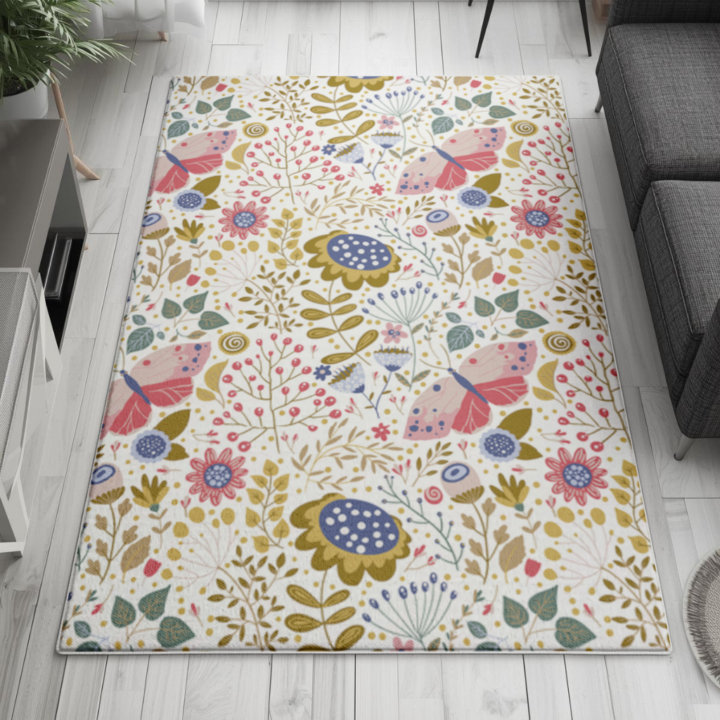 Folk Art Floral and Butterfly Pattern Living room carpet