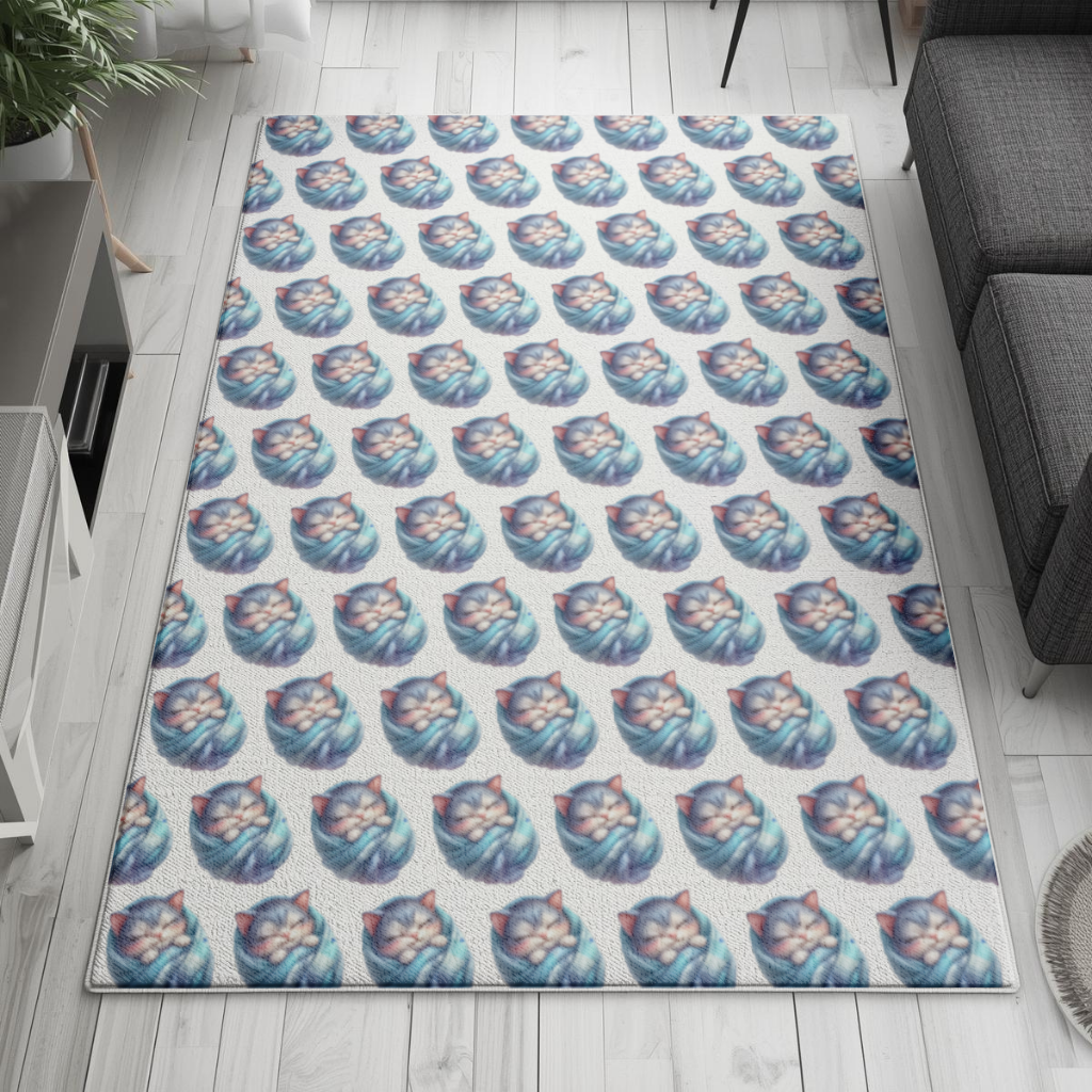 Kawaii Sleeping Kitten in Blue Swaddle Living room carpet