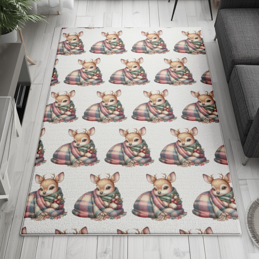 Kawaii Baby Deer with Plaid Scarf Living room carpet