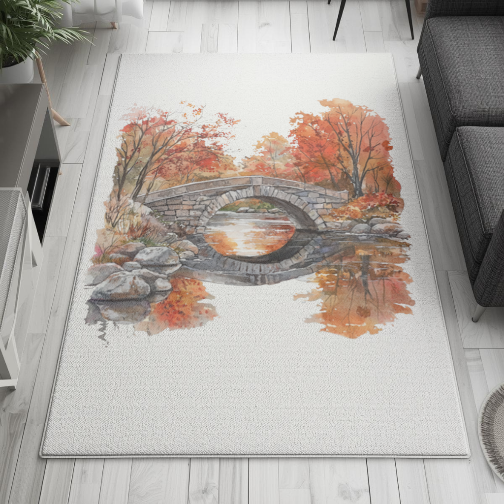 Autumn Stone Arch Bridge Over River Living room carpet