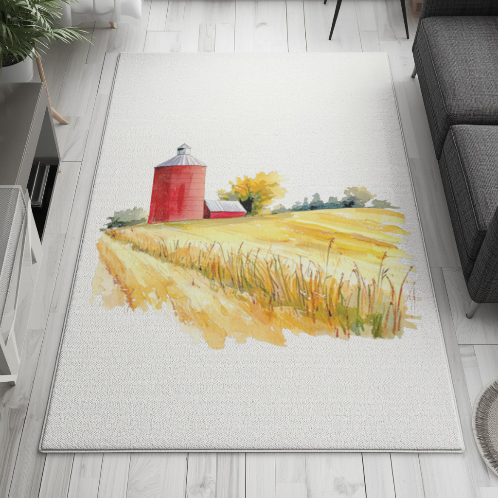 Red Farm Silo and Golden Wheat Field Living room carpet