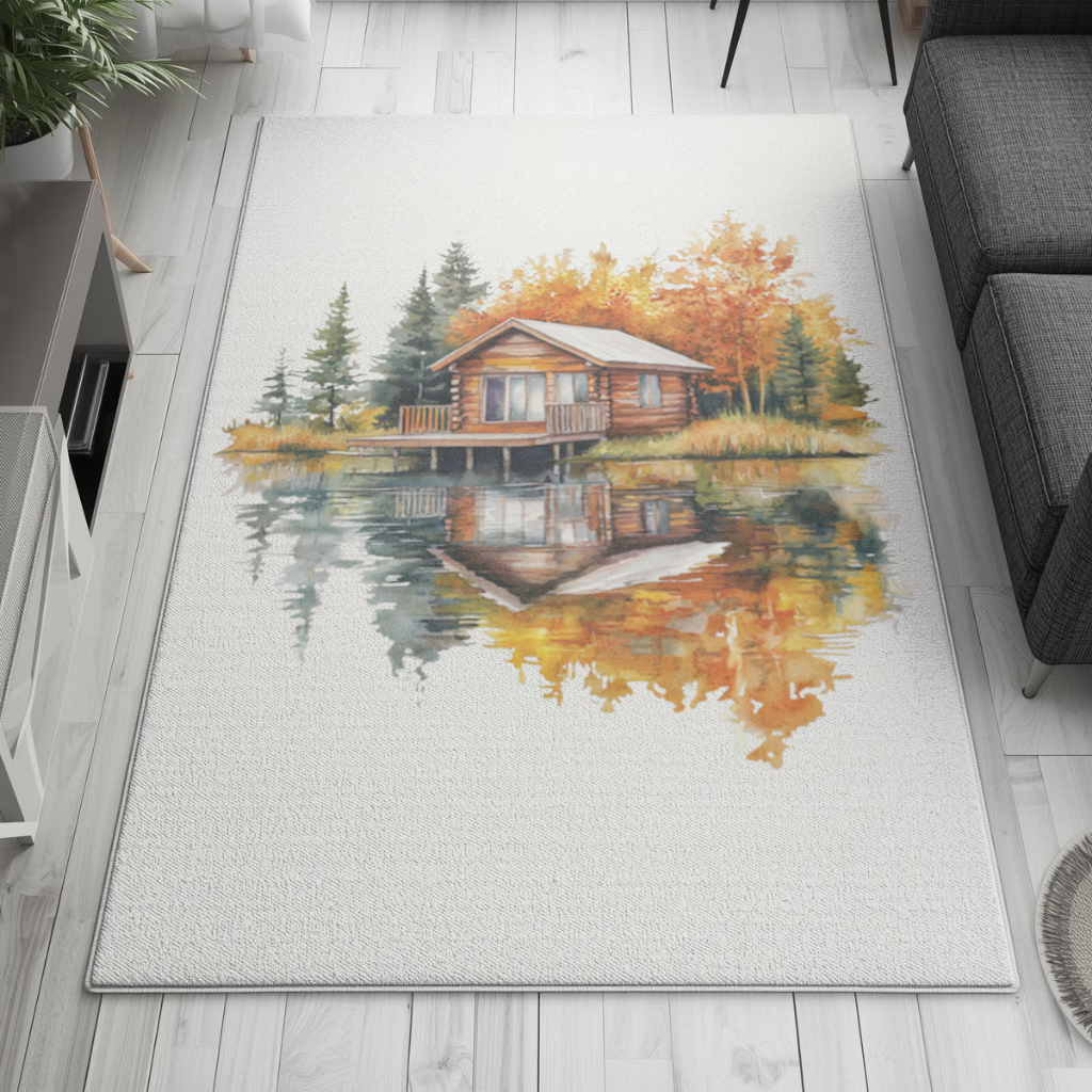 Lakeside Log Cabin Autumn Landscape Living room carpet