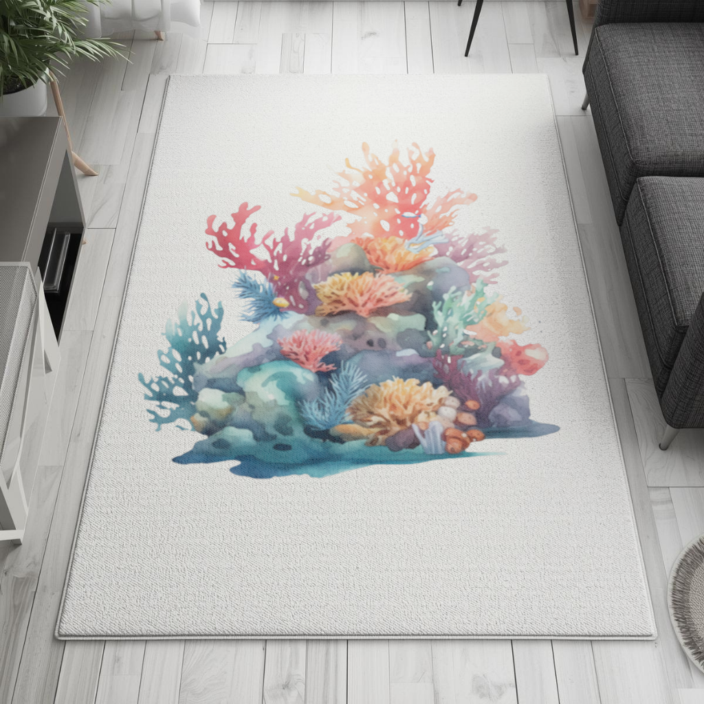 Vibrant Watercolor Coral Reef Scene Living room carpet