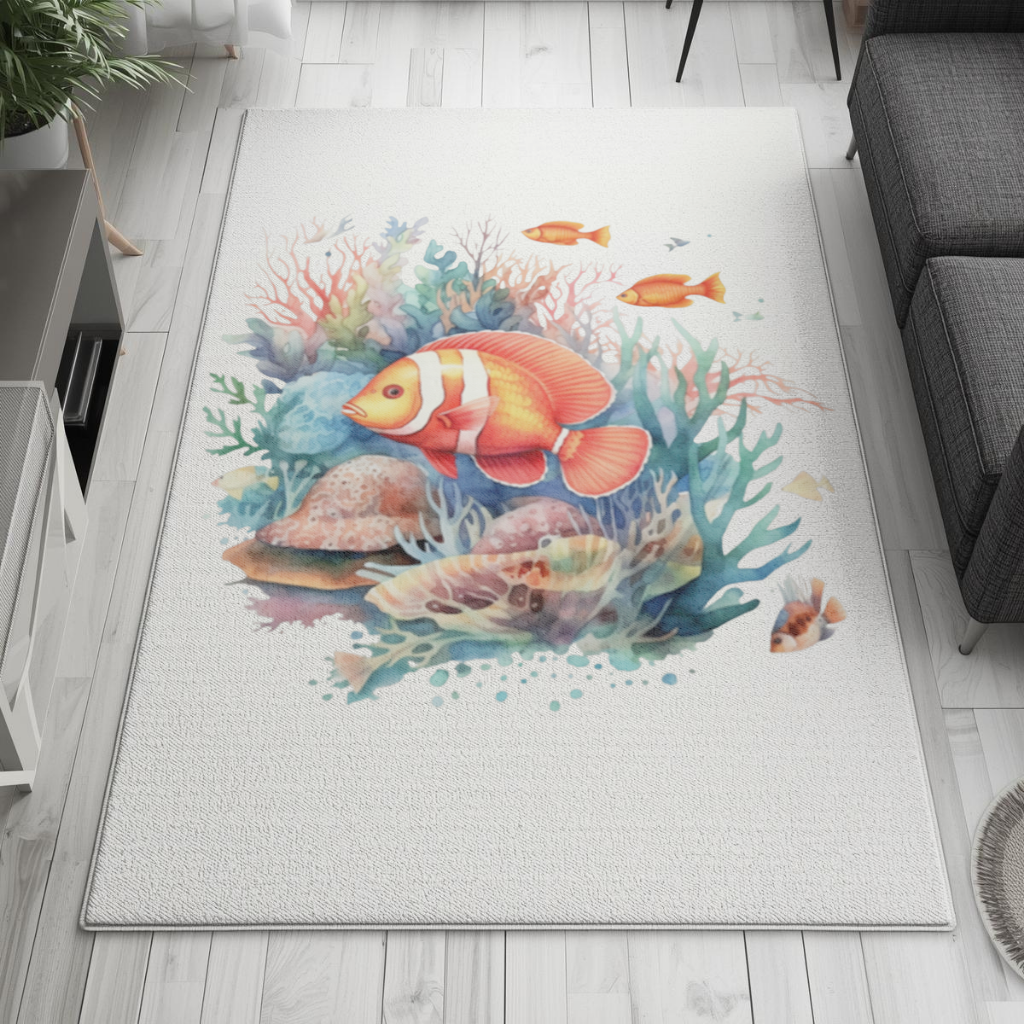 Watercolor Clownfish and Tropical Coral Reef Living room carpet