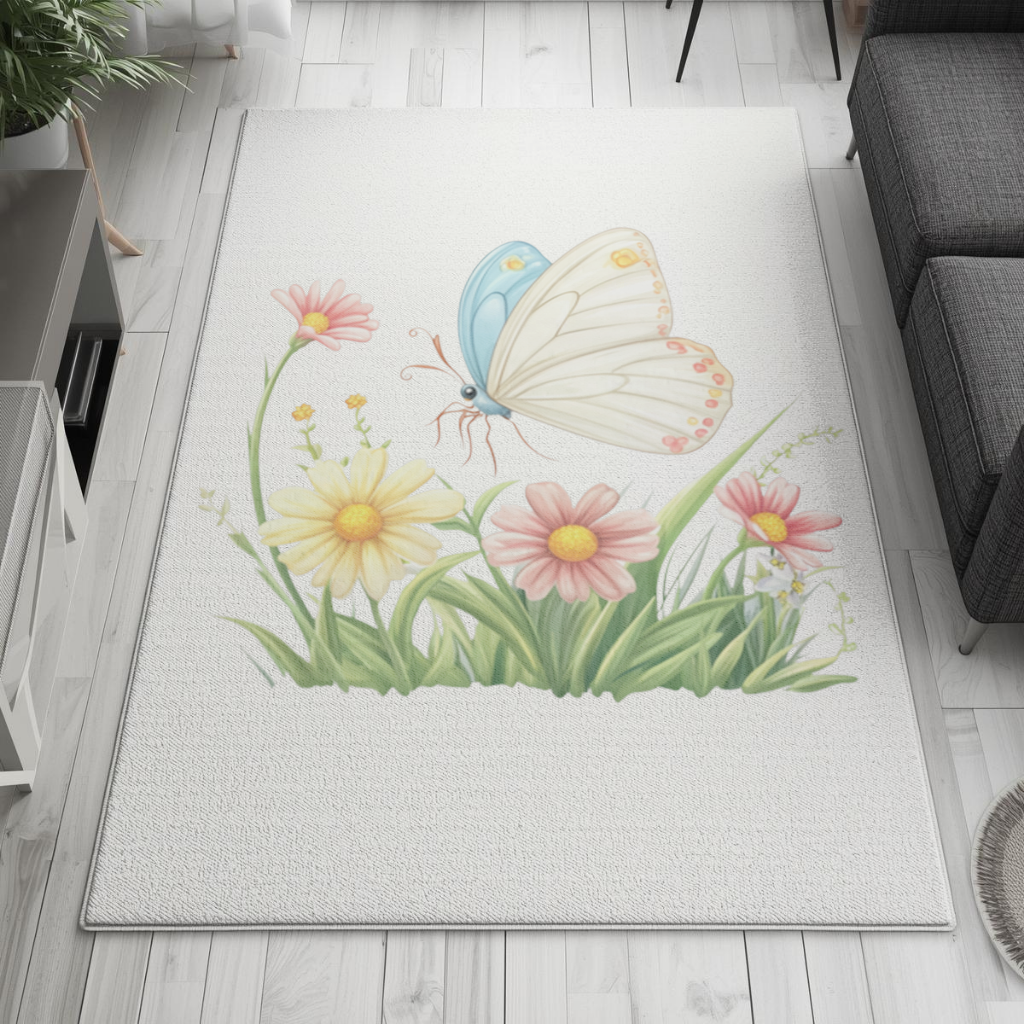 Pastel Kelebek ve Kır Çiçekleri Bahçesi Salon Halısı