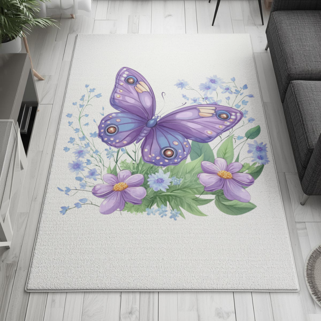 Mor Kelebek ve Mavi Kır Çiçekleri Salon Halısı