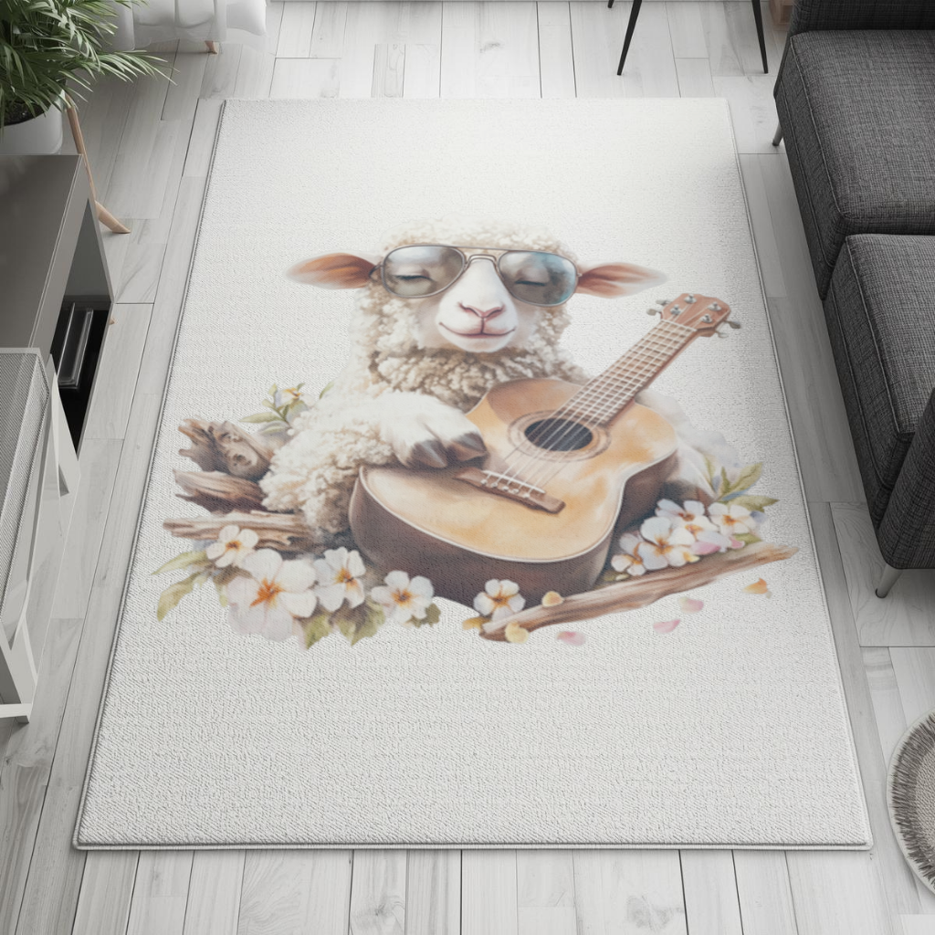 Cool Sheep Playing Ukulele with Flowers Living room carpet