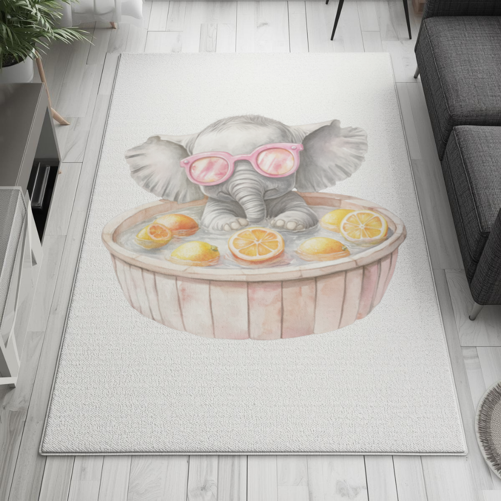 Pembe Gözlüklü Bebek Fil ve Narenciye Banyosu Salon Halısı