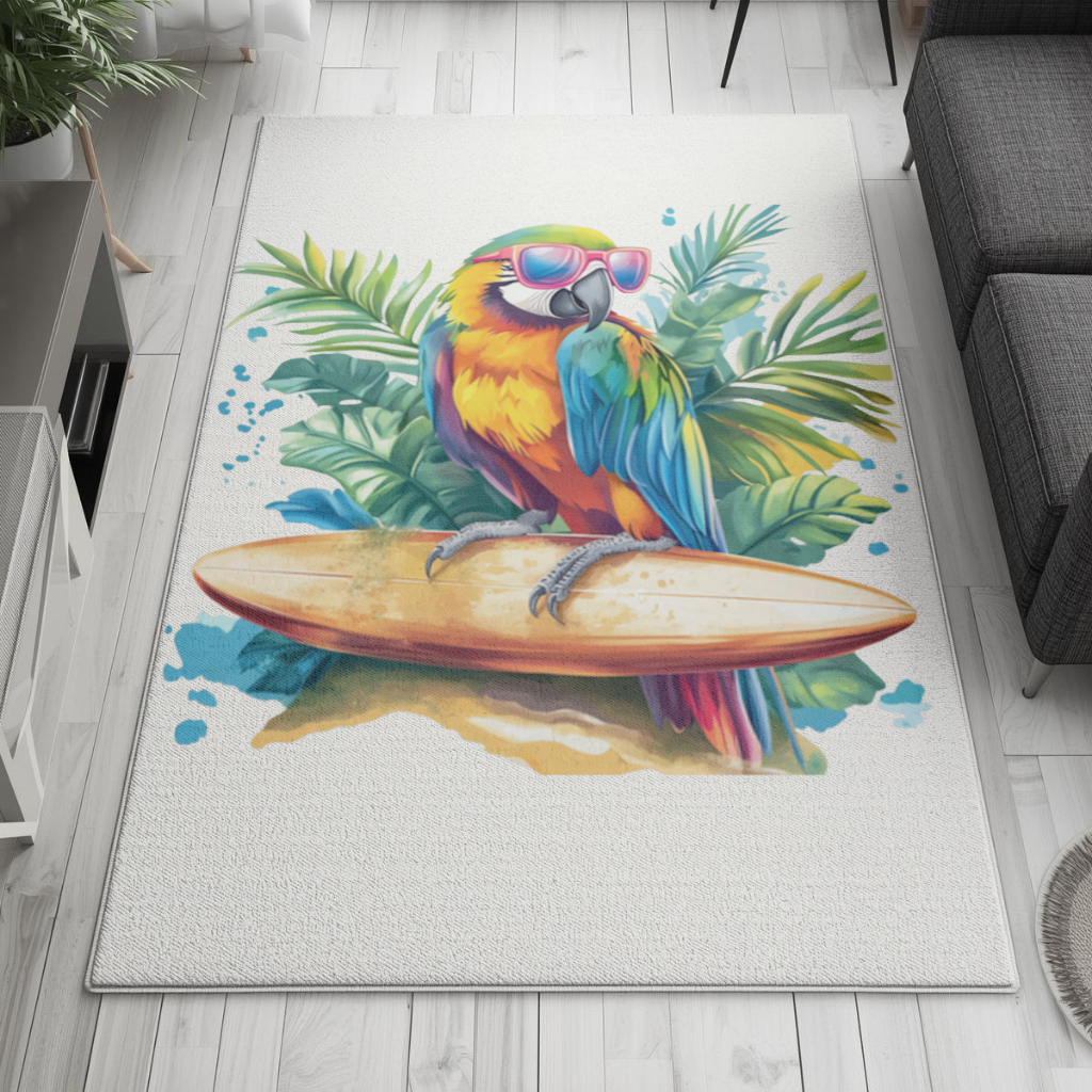 Sörf Yapan Güneş Gözlüklü Papağan Salon Halısı