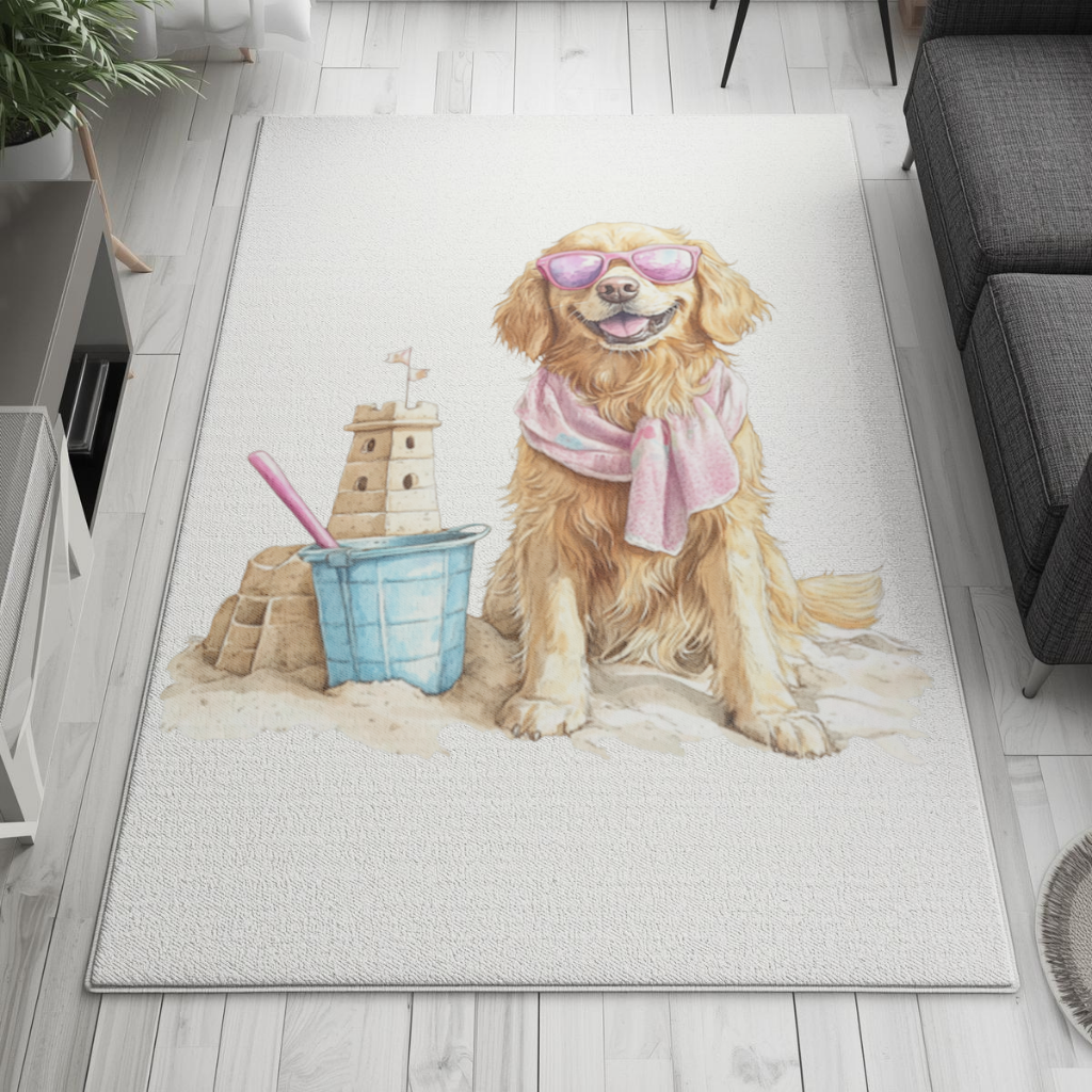 Plajda Pembe Gözlüklü Golden Retriever Salon Halısı