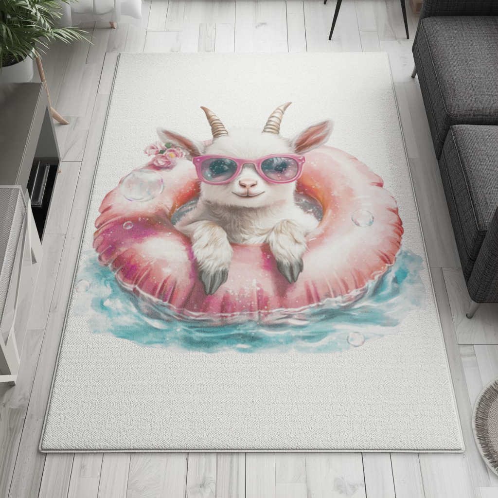 Baby Goat in Pink Pool Ring Living room carpet
