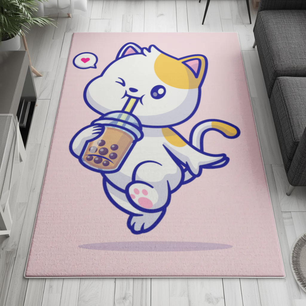Kawaii Cat Drinking Boba Tea Living room carpet